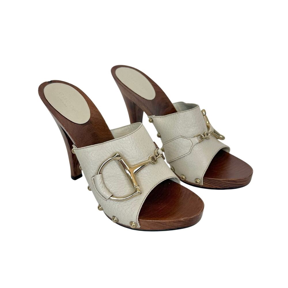 Gucci Leather Horsebit Wooden Clog Heels Sandal in Cream Off-White 7B